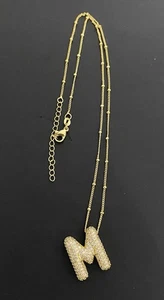 Gold Tone Initial M Pendant CZ Necklace Station Bead Chain 19” - Picture 1 of 7