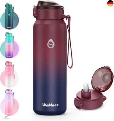 WEMEET Trinkflaschen Edelstahl mit Abnehmbare Strohhalm 1 Liter, [18/10 Edelstahl]