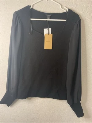 Suéter Halógeno Nuevo con Etiquetas Damas Grande Negro Largo Transparente Manga Globo Cuello Festoneado Foto 1 de 4