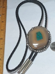 Corbata vintage Bolo piedra pulida tono plata marco de cuentas vaquero accesorio occidental - Imagen 1 de 10