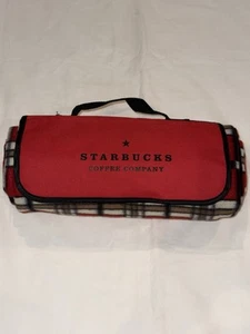 Starbucks Red Plaid Rollup Pocket Carry Handle Picnic Travel 45”x51”(est)Blanket - Picture 1 of 7