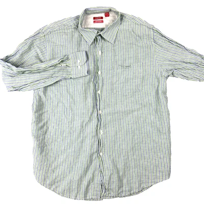 Mens Izod Linen Shirt Size Large Island Linen Blend Striped Blue Green Preppy - Image 1 of 4