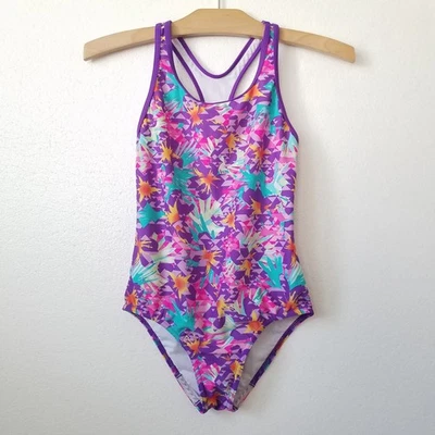 Maiô Speedo Girls 14 One Piece tropical floral racerback roxo  - Imagem 1 de 4