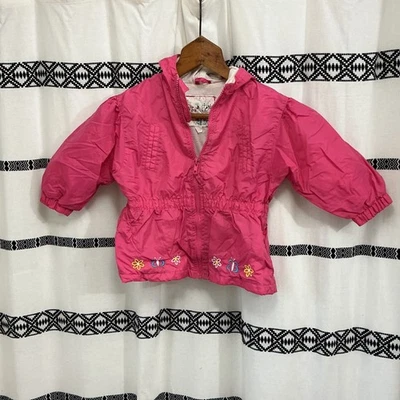 Vintage Girls Pink Hooded Windbreaker Jacket 3T Butterflies Flowers Spring - Image 1 of 4