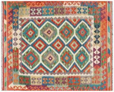 Afghan Maimana Kelim Teppich 150x200 Handgewebt Bunt Geometrisch Handarbeit 11 - Bild 1 von 4