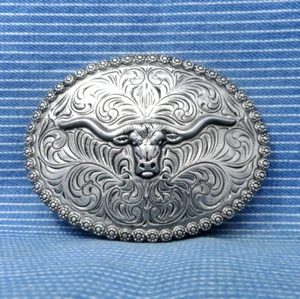 Classic Western Longhorn Steer Head Belt Buckle Cowboy Floral Scroll Vtg .CPA514 - Picture 1 of 7