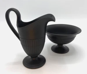 Wedgwood Black Basalt Antique Shape Fluted Cream & Sugar, Excellent Condition - Picture 1 of 9