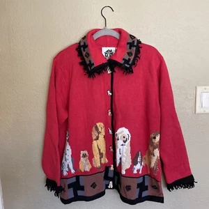 Storybook Knits WOMENS SIZE 1X Cardigan Sweater Red Black Handknit Dog Buttons - Picture 1 of 4