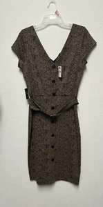 Express Button Front Midi Woven Dress Womens V Neck Medium Black Tan New Belted - Picture 1 of 6