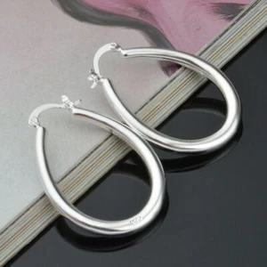 Women Gils Silver Plated Filled Egg Shape Smooth Hoop Earrings Jewellery - Picture 1 of 6