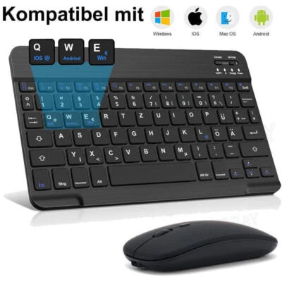 Bluetooth Tastatur Funk Maus kabellos Keyboard Deutsch für PC Handy Tab QWERTZ - Bild 1 von 4