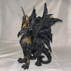 Blue Sapphire Golden Armored Combat Dragon Standing Guard In Faux Stone Statue - Picture 1 of 7