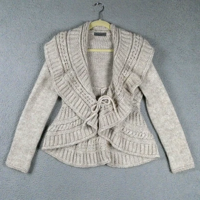 Elsamanda Cardigan Sweater Womens Large Beige Ruffle Tie Italy Soft Cozy Wool - Image 1 of 4
