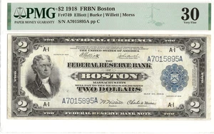 1918 $2 Federal Reserve Bank Note - Boston -  'Battleship' - fr.749 PMG VF 30 - Picture 1 of 2