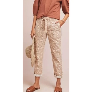 Anthropologie Pilcro Wanderer Belt Utility Pant Tan Animal Print Linen Blend 28 - Picture 1 of 14
