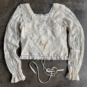 Rare Vintage Antique Edwardian Fancy Lace Cotton Blouse S Small Long Sleeve - Picture 1 of 16