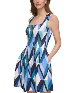 /LX010/ Vince Camuto bedrucktes Fit & Flare Ponte-Kleid mit Cutout hinten blau Gr. 12 128 $ - Bild 1 von 4