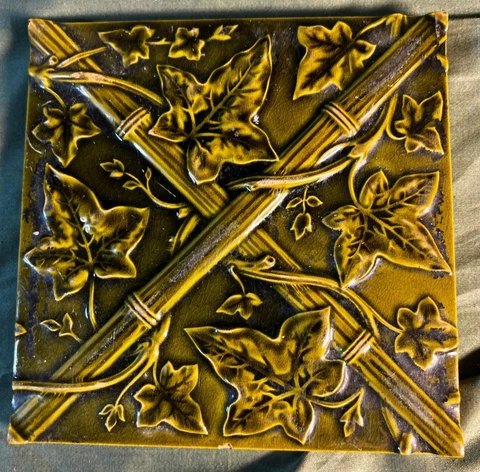 MINTON Antique Old English Art Pottery Tile Bamboo & Leaves Aesthetic Movement Cover