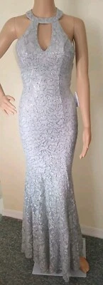全新带标签 B DARLIN 银色灰色正装礼服,尺寸 1/2 珠片,无背蕾丝衬里 — 第 1/4 张图片