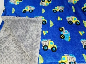 Petite L'Amour Baby Blanket Blue Construction Vehicles Dump Trucks Minky Gray - Picture 1 of 18