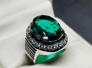 16 Carat Lab Created Deep Green Emerald Sterling Silver 925 Handmade Mens Ring - Picture 1 of 12