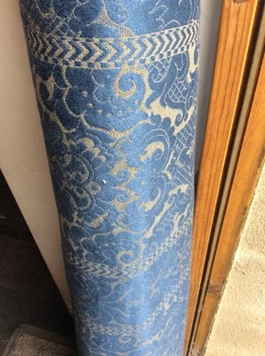 BLUE UPHOLSTERY FABRIC 6.50m Blue Cream MILLBROOK Flame Retardant Damask - Image 1 of 4