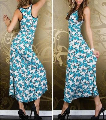 Maxi Kleid lang geblümt türkis blau bunt Stretch Sweat RINGER Muscle XXS XS S M - Bild 1 von 4