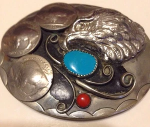Very DetailedTurquoise Coral Eagle Belt Buckle With Three Buffalo Nickels - Picture 1 of 4