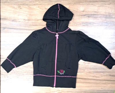 Betsey Johnson Intimates Hoodie Jacket Sweatshirt Embroidered Pink Black Medium - Image 1 of 4