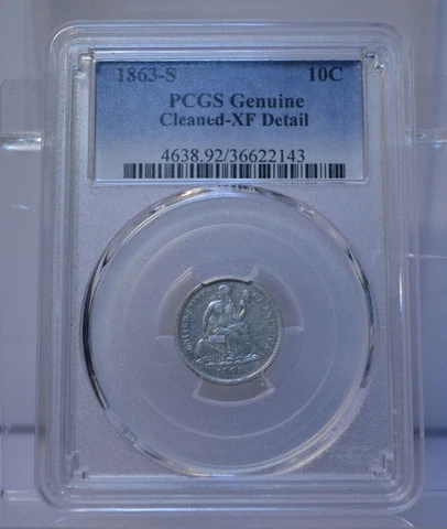 1863-S 10 CENTS SEATED LIBERTY DIME PCGS GENUINE CLEANED-XF DETAIL SILVER COIN Cover