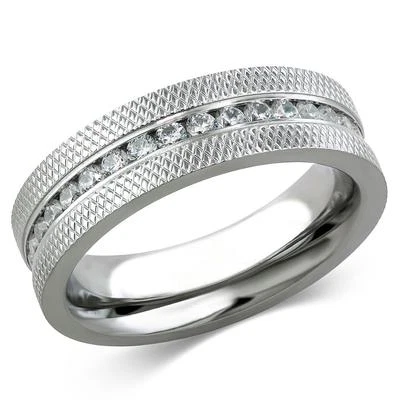 Stainless Steel Channel-Set Grooved Pattern Cubic Zirconia Eternity Wedding Ring - Image 1 of 4