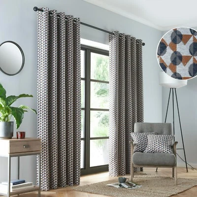 Eyelet Curtains Geometric Prado Ready Made Pair By Fusion Grey/Terracotta - Image 1 of 4
