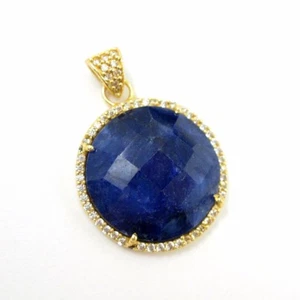 Gold plate Silver Round Bezel Blue Sapphire Dyed Gem Pave Cubic Zirconia Pendant - Picture 1 of 4