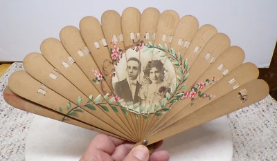 Antique Wood-Painted Fan Wedding Real Photo Of Miss Lois Barnard IS THIS FAMILY? - Image 1 of 4
