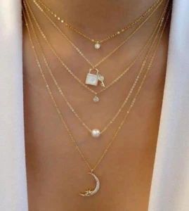Multi Layered MOP Lock & Key Chain Necklace 925 Fine Silver High Statement Jewel - Picture 1 of 8