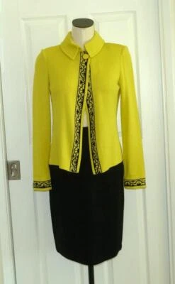 ST JOHN COLLECTION Santana Knit Lemon Chartreuse & Black Cardigan Jacket Skirt 4 - Image 1 of 4