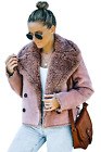 Women Pink Plush Lining Suede Cropped Double Breasted Coat