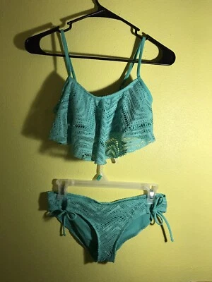 Traje de baño bikini verde espuma de mar ganchillo OP S/M parte inferior talla S/top encaje volantes talla M Foto 1 de 4