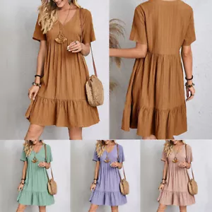❀ Vomene Kurzärmele Gegen Mini-Robe-Schicht Gefaltete Damen Flip-Flops Solid % - Bild 1 von 27