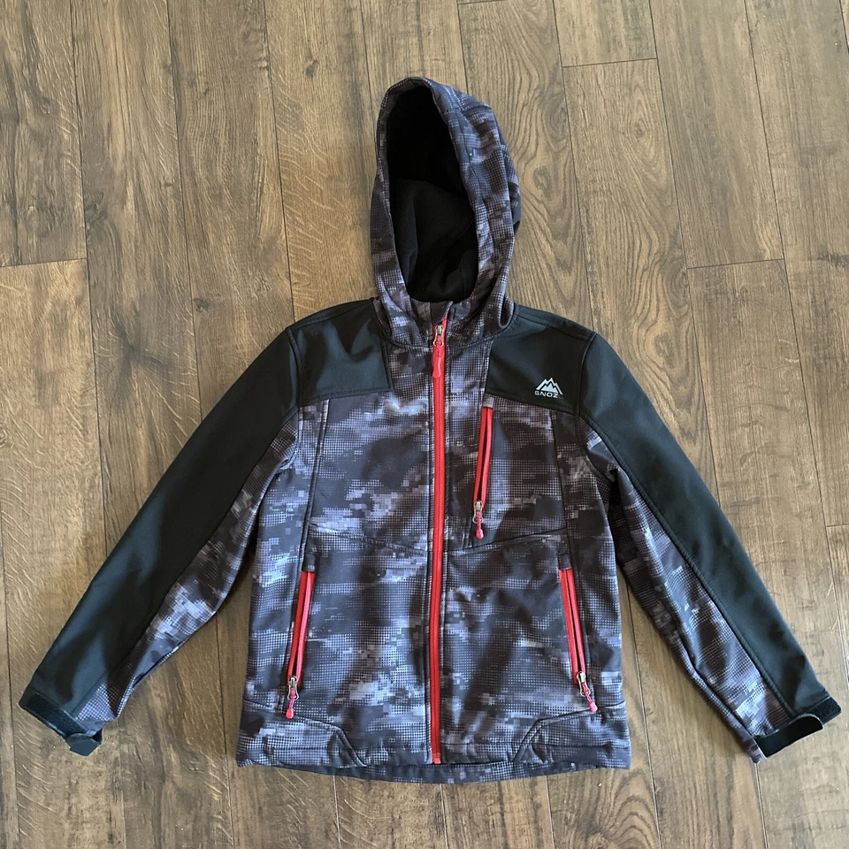 Snozu Jacket Ski Boy Softshell Camo Hooded Black Gray Red Size Medium 10/12 - Image 1 of 4