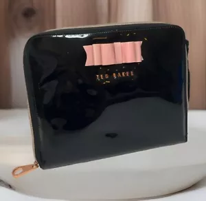Ted Baker Clutch Tablet Case Top Zip Patent Leather Black Pink Bow 10x8 - Picture 1 of 8