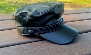 Gorra militar de cuero de vaca Genune liso / Gorra de cuero / Modelo único - Imagen 1 de 5