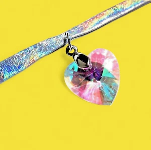 SILVER RAINBOW PRISMATIC CHOKER W/ GLASS HEART PENDANT holographic necklace 1W - Picture 1 of 7