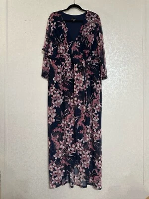 Maxi Vestido Envolvente Floral Forrado Manga Larga Azul Marino Connected Apparel Cuello en V 20W Foto 1 de 4