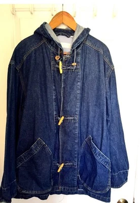Винтажный новый РЕДКАЯ Perry Ellis куртка/труд синий джинсовой ткани мужчин MED/женщина XL капюшон переключатель - Изображение 1 из 4