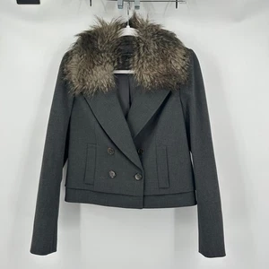 Womens Old Money Fur Collar Blazer Coat Size 4 Gray Double Breasted Classic Chic - Picture 1 of 7