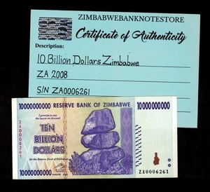 Billete de repuesto de 10.000 millones de dólares de Zimbabue 2008 certificado de autenticidad auténtico ZA0006261 - Imagen 1 de 3