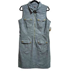 Sharagano Chambray Reißverschluss vorne Kleid Freizeit Ärmel 14 - Bild 1 von 9