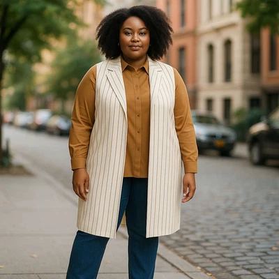 Chico's Elongated Ponte Ecru and Khaki Stripe Vest Coat Size 3 or XL or 16/18 - Image 1 of 4