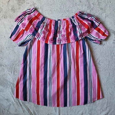 NUEVO CON ETIQUETAS VESTIDO ASOS para mujer talla 8 rosa a rayas fuera del hombro vestido Middi Foto 1 de 4